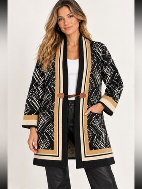 Essitam Chic Black and Tan Geometric Women's Cardigan NWT